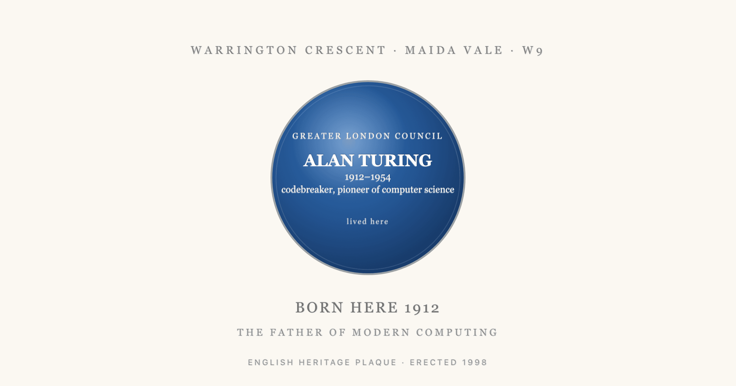 An English Heritage style blue plaque for Alan Turing, codebreaker and pioneer of computer science, 1912 to 1954, captioned Warrington Crescent Maida Vale W9 above and Born Here 1912 The Father of Modern Computing below